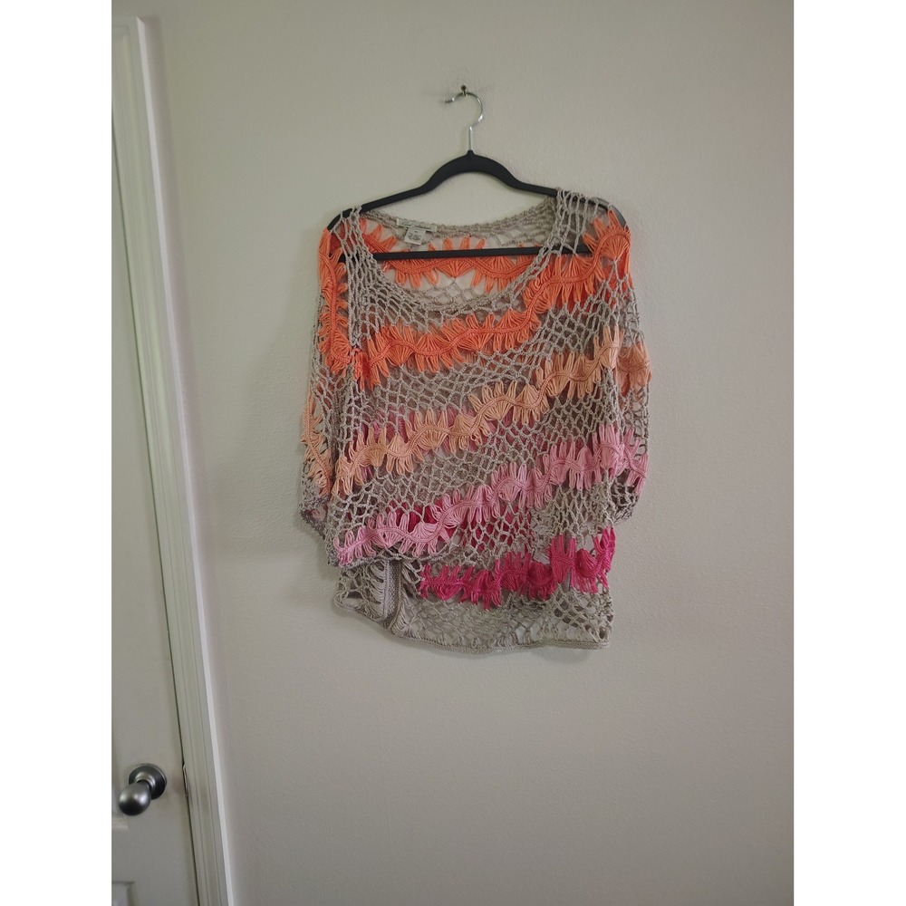 Cool Attitude Womens XL Open Knit Crochet Sweater Striped Pink Orange Boho Top